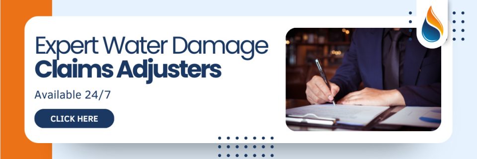 Man in a suit signing papers at a desk with text: "Expert Water Damage Claims Adjusters Available 24/7" and a "Click Here" button.