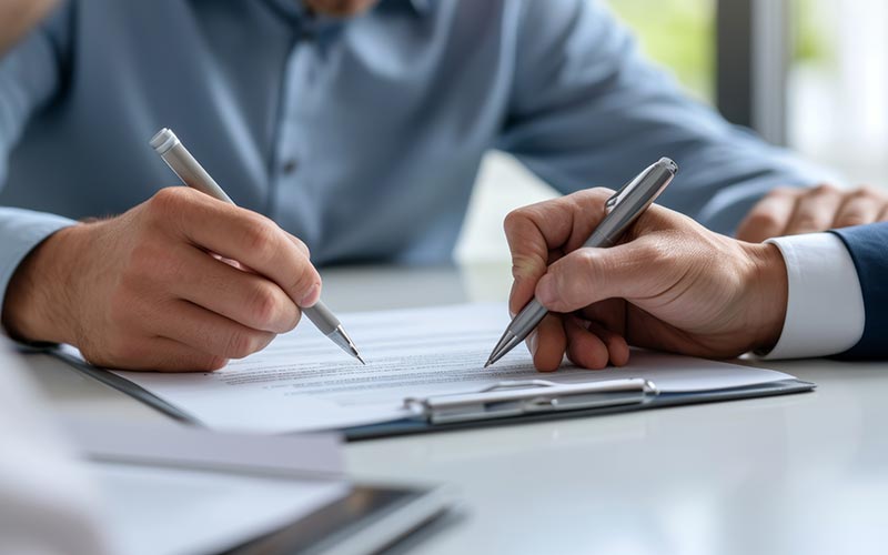 Two people are holding pens and signing documents on a table.